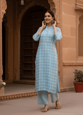 Women’s Light Blue Printed Straight Kurta